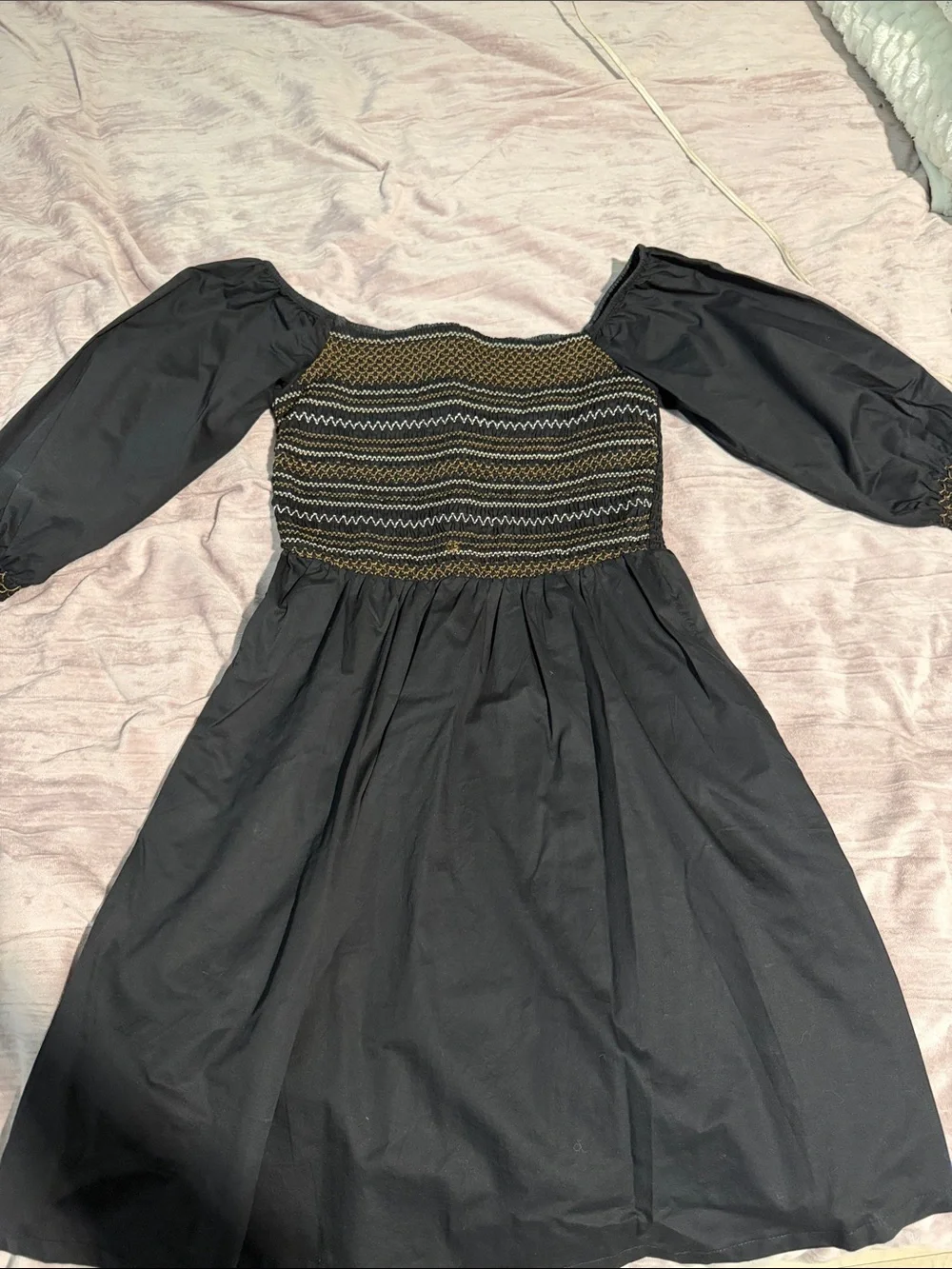 Old Navy Black Dress with Olive and White Smocked Bodice